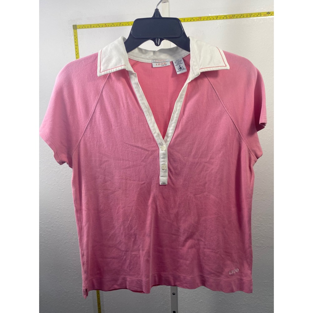 IZOD XFG Pink Stretch Cotton Polo Shirt Womens Medium Short Sleeve Raglan V-Neck